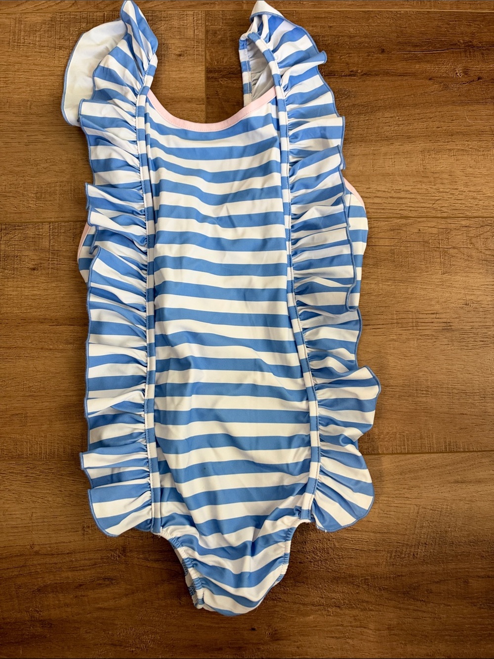 Sweet Honey Girls Blue & White Striped Ruffle One-Piece swim suit